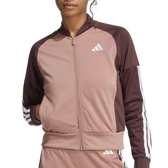 NWT adidas Women's Size L Tricot 3-Stripes Track Jacket Warm Clay/Aurora Ruby - Picture 2 of 6
